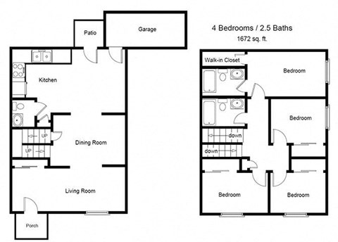 Floor plan for 4 beds, 2.5 baths, 1672 sqft